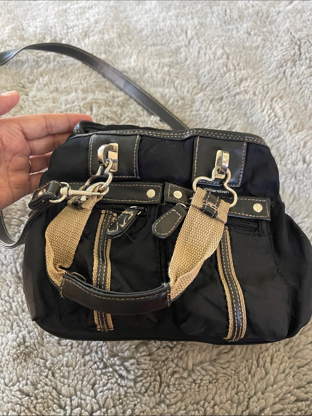 Vintage Xhilaration Black Shoulder Bag with Tan Strap Accents
